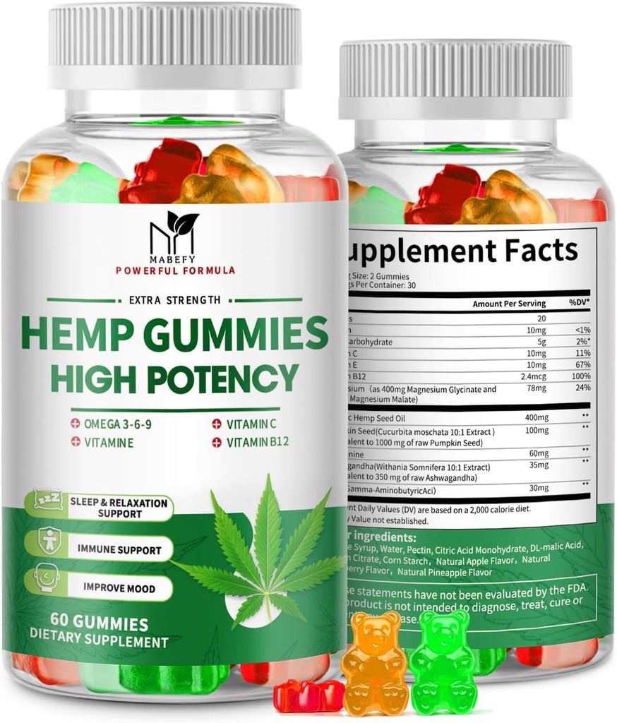 2 Pack Ağrı için Gummies, Uyku, Rahatlama - Magnezyum & Vitaminlerle Ekstra Güç - Yüksek Potency Natural Hemp Oil Supplement, Vegan Gummy Bears