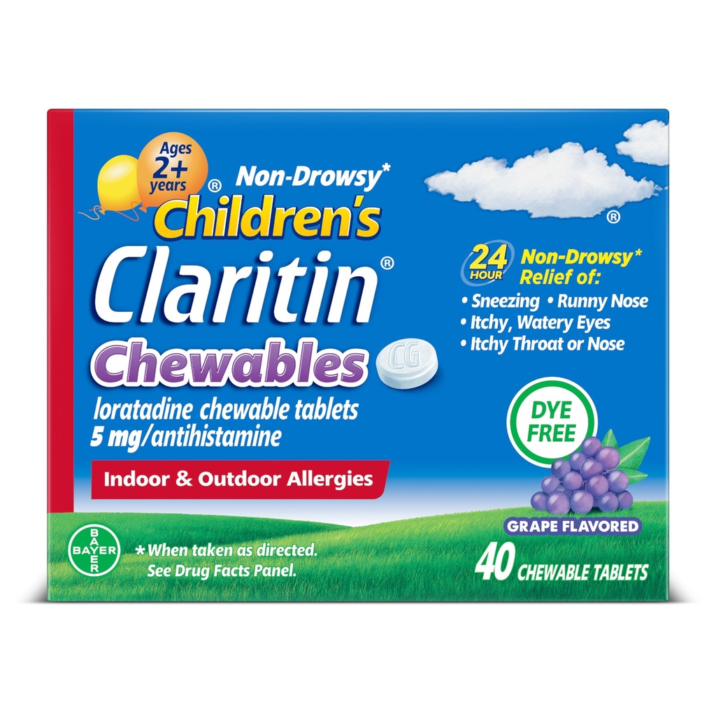 Claritin Çocuk Alerji ilacı, 24 Saat Odaksız Loratadine 5 mg Chewable Tablet, 2 Yıl ve Yaşlılar için Antihistamin, Grape Flavored, 40 tablet