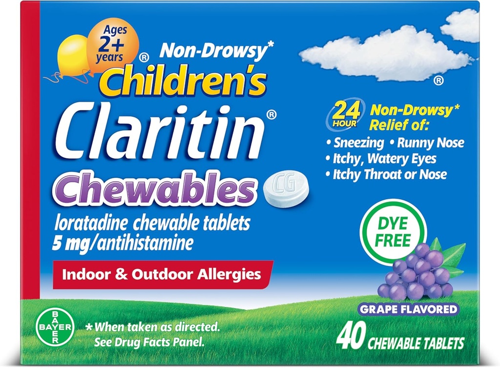 Claritin Çocuk Alerji ilacı, 24 Saat Odaksız Loratadine 5 mg Chewable Tablet, 2 Yıl ve Yaşlılar için Antihistamin, Grape Flavored, 40 tablet