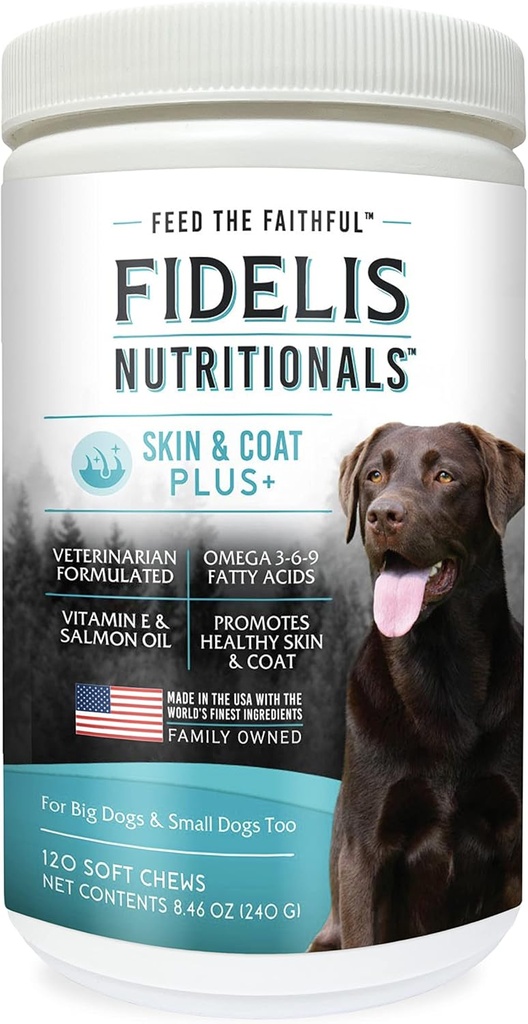 FIDELIS Skin & Coat Plus+ Dog Skin & Coat Supplement, Omega 3, Vitamin E, Salmon Oil for Dogs, Fatty Acids, Sağlıklı Skin, Shiny Coat, Adult, Big & Small, USA'da Yapıldı, Sebze Flavor, 120 Soft Chews