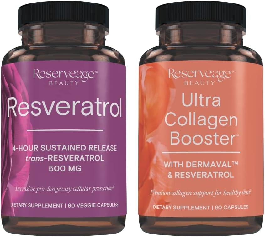 Reserveage Resveratrol & Ultra Collagen Booster - Resveratrol & Collagen Capsules for Cell & Skin Support - Features Dermaval - 60 Capsules, 90 Ultra Collagen Booster Capsules