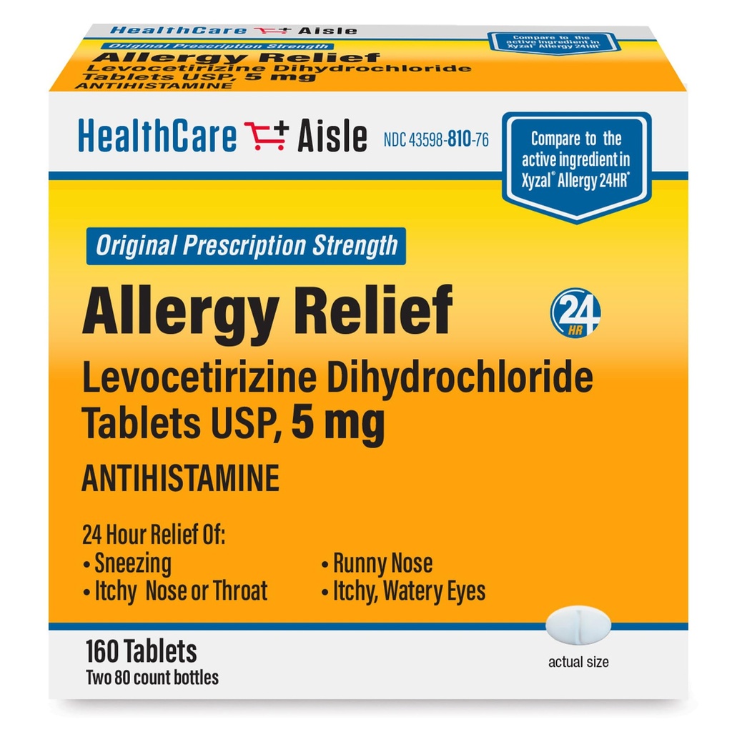 HealthCareAisle Allergy Relief - Levocetirizine Διϋδροχλωρική δισκία USP, 5 mg, 160 δισκία, Original Prescription Strength Allergy Medication, 24- Hour Relief, 80 Count (Pack of 2)