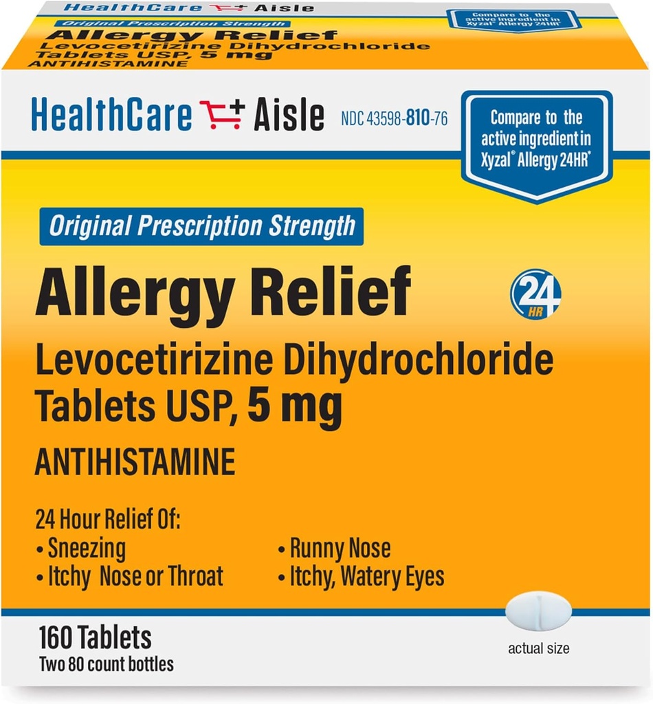 SağlıkCareAisle Anti Anti Anti Allergy Relief - Levocet termine Dihidrchloride Tabletleri USP, 5 mg, 160 Tablet, Orijinal Reçeteli Güçlü Alerji İlaçları, 24 Saat Yardımı, 80 Kont (Pack of 2)