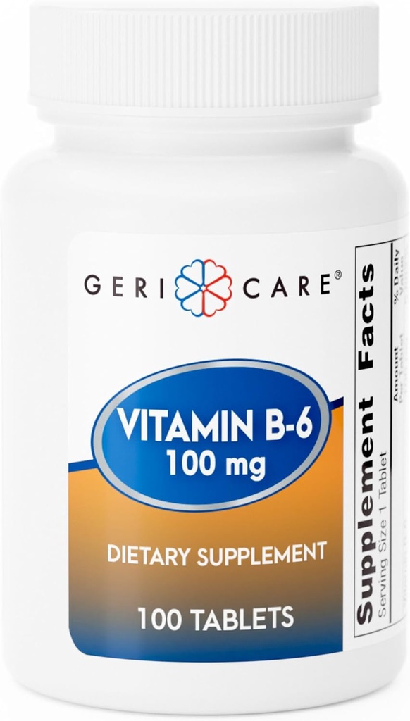 GeriCare Vitamin B-6 100 mg, 100 Tablet - Sağlıklı Beyin Fonksiyonları için Günlük Beslenme Desteği, Ruh Sağlığı ve Metabolism – Fatigue ile Mücadele Etmeye Yardımcı Olmak ve Sağlık Genel Bakış Wellness Genel Bakış