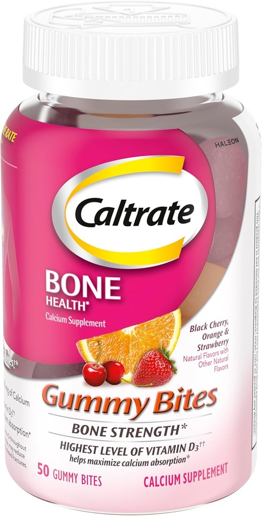 Caltrate Gummy Bites 500 mg Συμπλήρωμα ασβεστίου και βιταμίνης D, Μαύρο κεράσι, Φράουλα, Πορτοκαλί - 50 Count