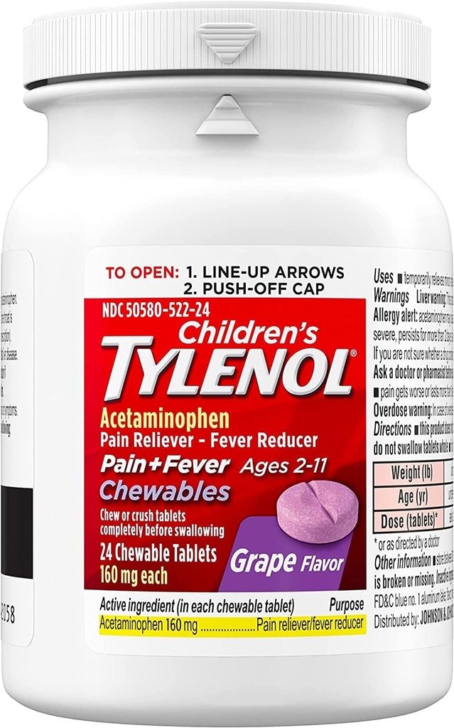 Tylenol Çocuk Ağrısı Plus Ateş, Grape, 24 Chewable Tabletler (Pack of 2)