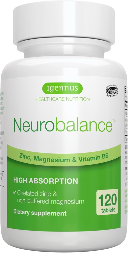 Igennus Neurobalance High Abxia çinko & B6 Kompleksi, Bilişsel Destek, Focus & Muscle Recovery, 24 mg Chelated çinko Picolinate, All Day Nutrient Delivery, Vegan, Non-GMO, 120 Tablet