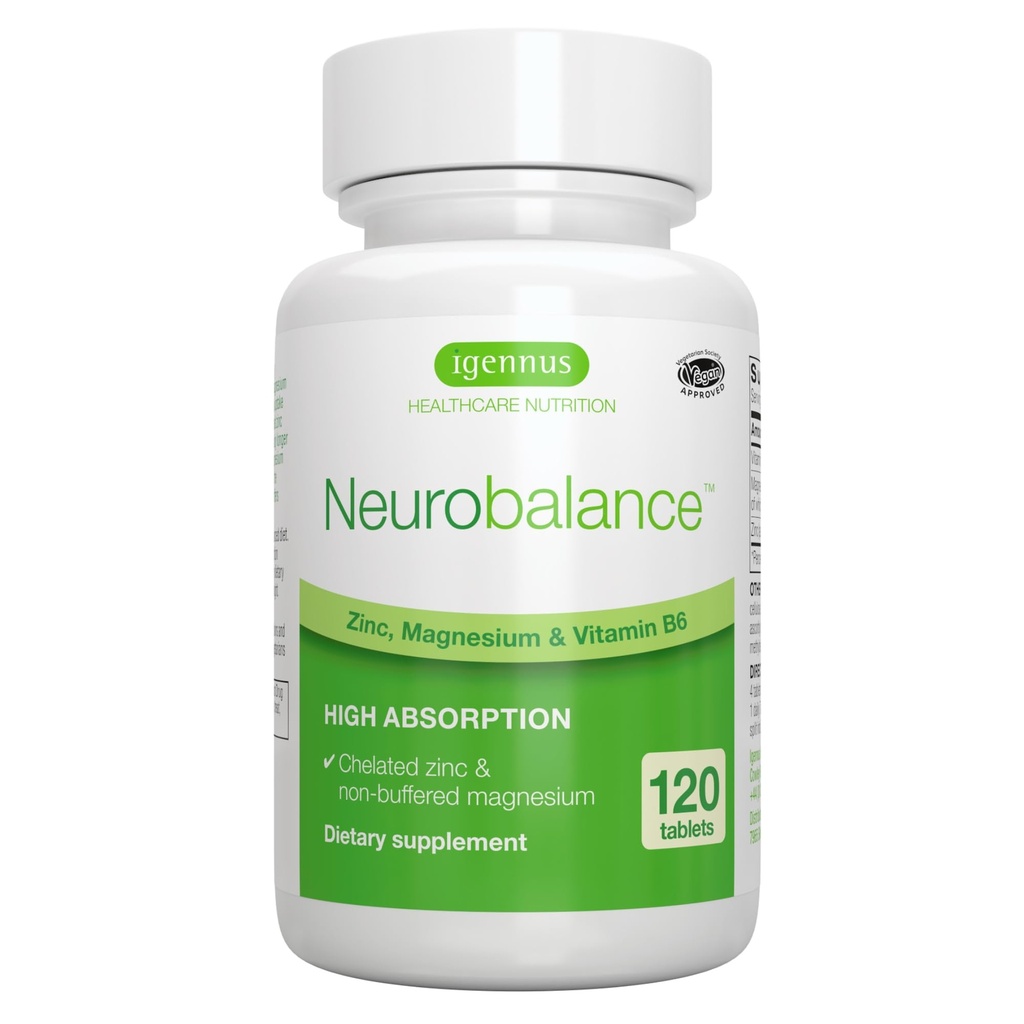 Igennus Neurobalance High Abxia çinko & B6 Kompleksi, Bilişsel Destek, Focus & Muscle Recovery, 24 mg Chelated çinko Picolinate, All Day Nutrient Delivery, Vegan, Non-GMO, 120 Tablet