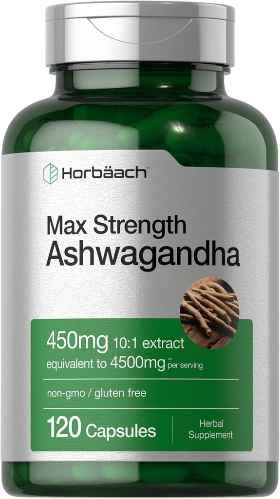 Horbäach Ashwagandha Supplement | Max Strength | 120 Capsules | Non-GMO, Gluten Free Free