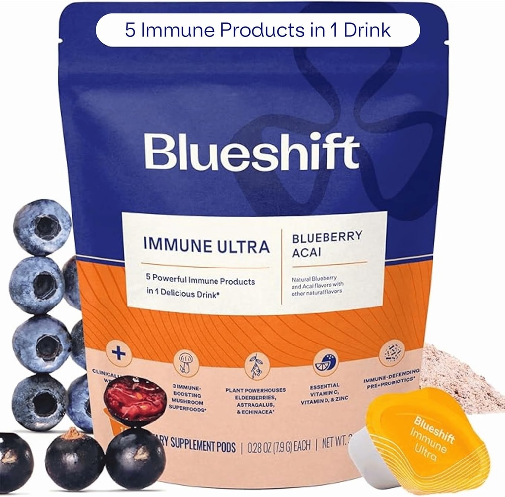 Blueshift Ανοσοποιητικό Ultra - 5-σε-1 Ανοσοποιητική υποστήριξη Powder Drink Mix, ανοσοκαταστολή συμπλήρωμα βιταμίνης με βιταμίνη C, ψευδάργυρο, Superfoods, Αντιοξειδωτικά, Pre and Probiotics - Blueberry Acai Pods (14 Pack)