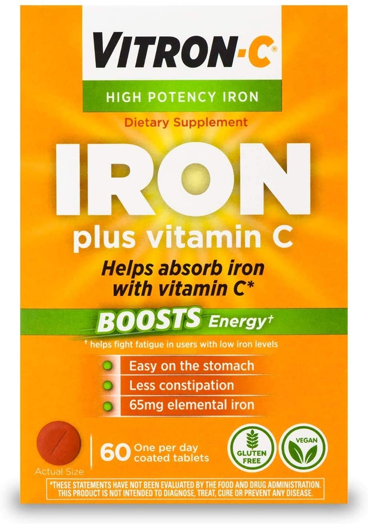 Vitron-C High Potency Iron Dietary Supplement – Iron Plus Vitamin C, Boosts Energy, Gentle on The Digestive System, 60 Coated Tablets, 65 mg Elemental Iron (Pack of 7)