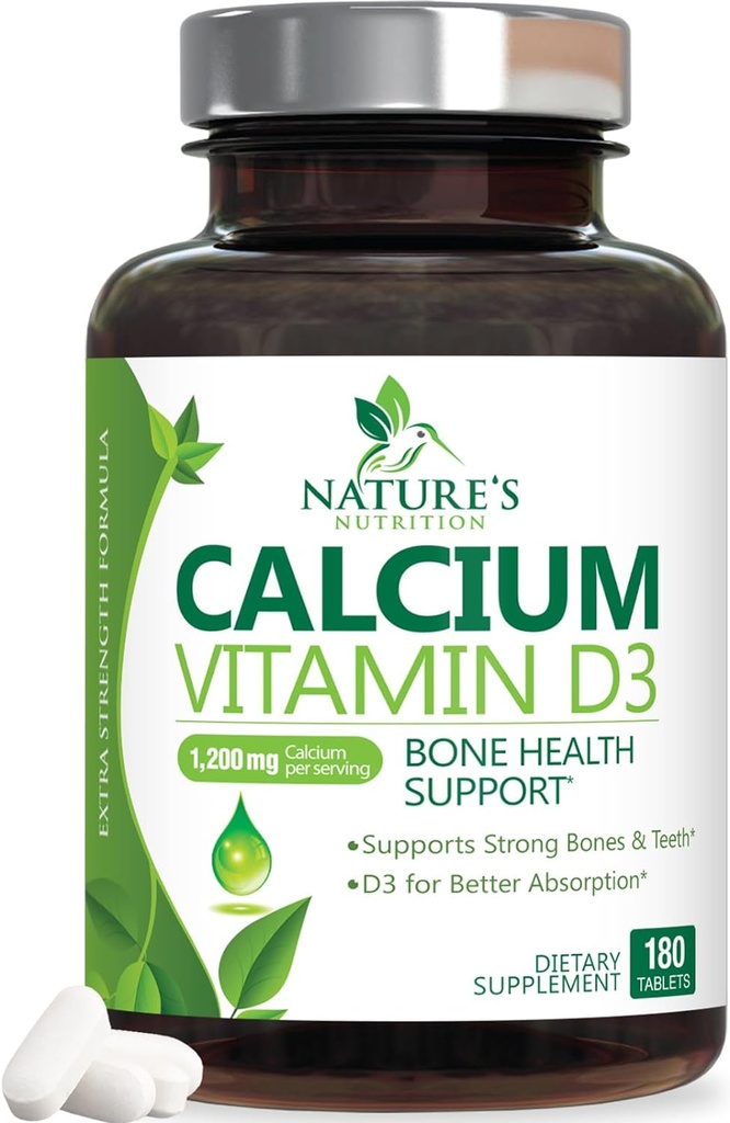 Kalsiyum Supplement 1200 mg - En İyi Apsiyon için D3 Vitamini - Immune Health, Bones & Teeth - Nature'selli Carbonate + 1600 IU of D3 - ABD'de Kadınlar ve Erkekler için Şişelenmiş - 180 Tablet