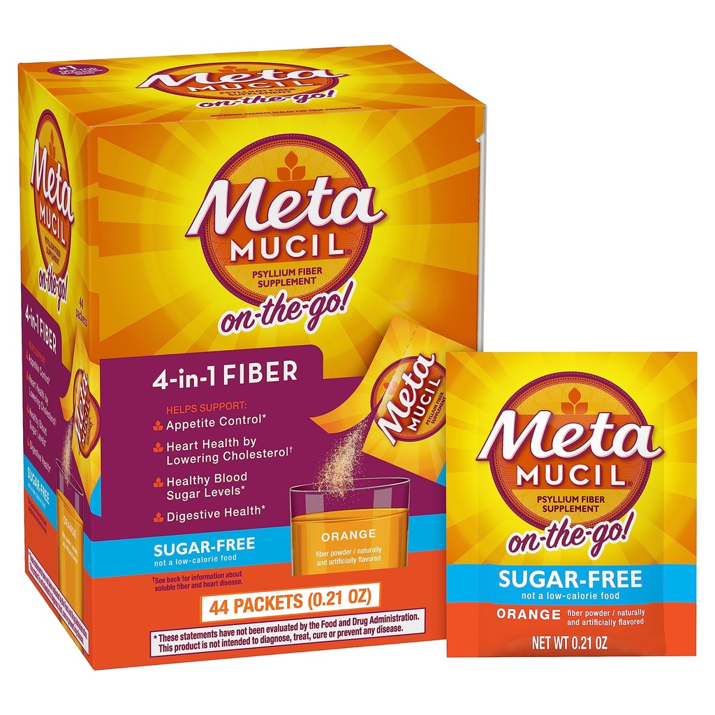 Metamucil On-The-Go Packets, Sugar-Free, 44 Packets, 4-in-1 Psyllium Husk Fiber Supplement, Orange Flavored, Bireysel Seyahat için Büyük, Fiber Supplement for Digestive Health and Regularity