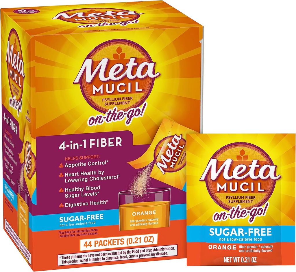 Metamucil On-The-Go Packets, Sugar-Free, 44 Packets, 4-in-1 Psyllium Husk Fiber Supplement, Orange Flavored, Bireysel Seyahat için Büyük, Fiber Supplement for Digestive Health and Regularity