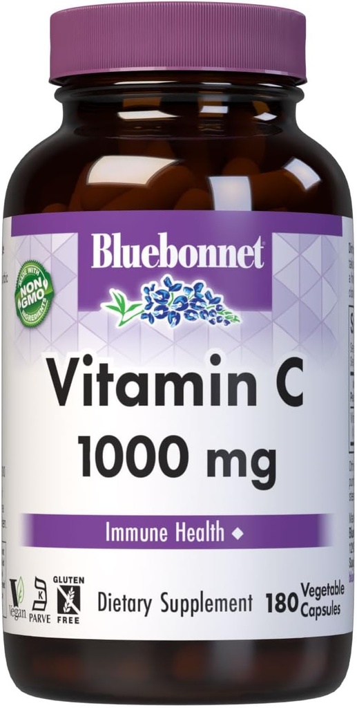 Bluebonnet Διατροφή Βιταμίνη C 1000 Mg Κάψουλες λαχανικών, Ασκορβικό οξύ, για την υγεία του ανοσοποιητικού δέρματος, Vegan, χορτοφάγοι, μη ΓΤΟ, Γλουτένη, χωρίς σόγια & γάλα, Kosher, 180 κόμης