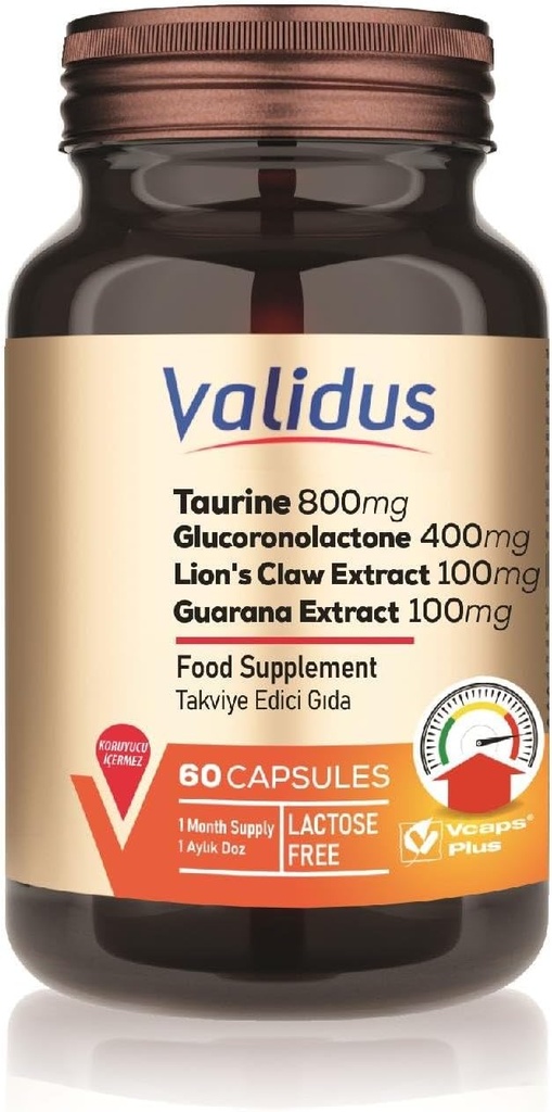 VALIDUS Taurine 800 mg + Glucoronolactone 400 mg + Lion's Claw Extract 100 mg + Guarana Extract 100 mg 60 καψάκια