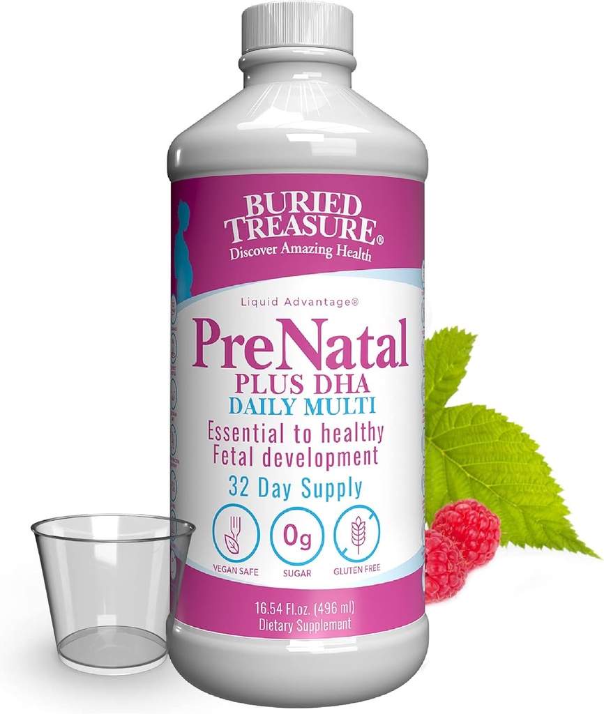 Buried Treasure Prenatal Plus DHA Tamam, 16 oz Orange Banana Flavor, High Potency Liquid Supplement for Before, During, Post Orchid, Natural DHA Omega3 Iron Vegetarian Safe w/Dose Cup