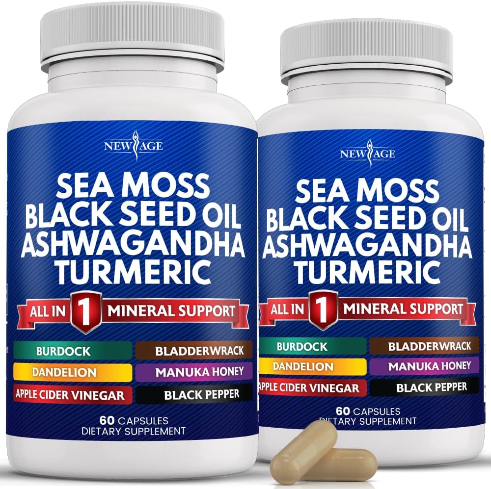 NEW AGE Sea Moss Capsules Black Seed Oil Ashwagandha Turmeric Bladderwrack Burdock - Manuka, Honey Dandelion, ACV Black Pepper Gluten Free
