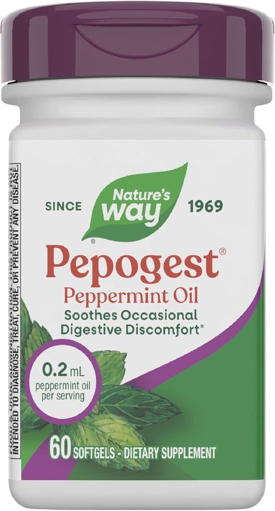 Nature's Way Pepogest Peppermint Oil, Soothes Occasional Gasserial Discomfort*, Enteric Coated Peppermint Oil Softgels, 60 Softgels (Packaging May Vary)