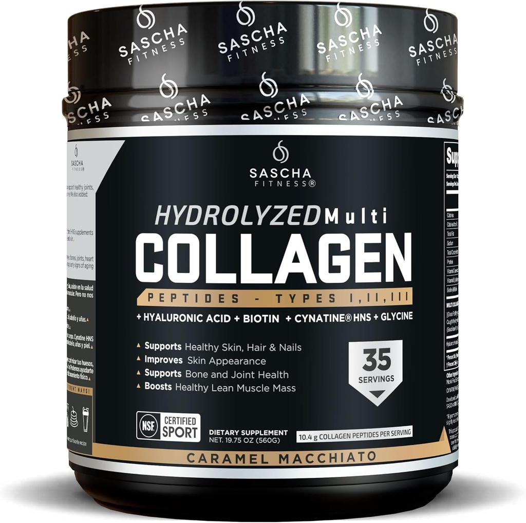 SASCHA FITNESS Hydrolyzed Multi Collagen, Tipes 1.2 & 3 |Hyaluronik Asit|Biotin |Cynatine HSN|Vitamin C & E |for Hairs, Skin & Bone Support|Caramel Macchiato