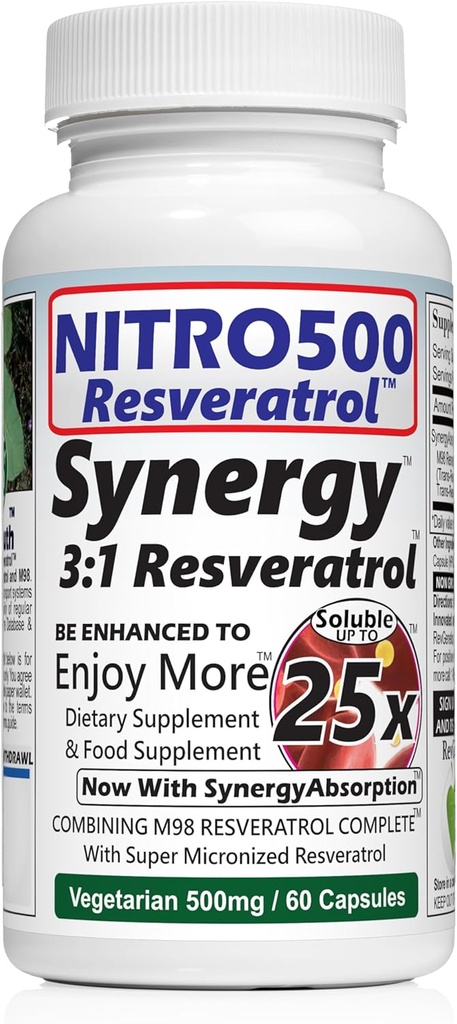 Nitro Synergy Resveratrol (Nitro500) με έως 25x διαλυτότητα - 60 κάψουλες χορτοφαγικής - 30 μερίδες - 500 mg ανά υπηρεσία