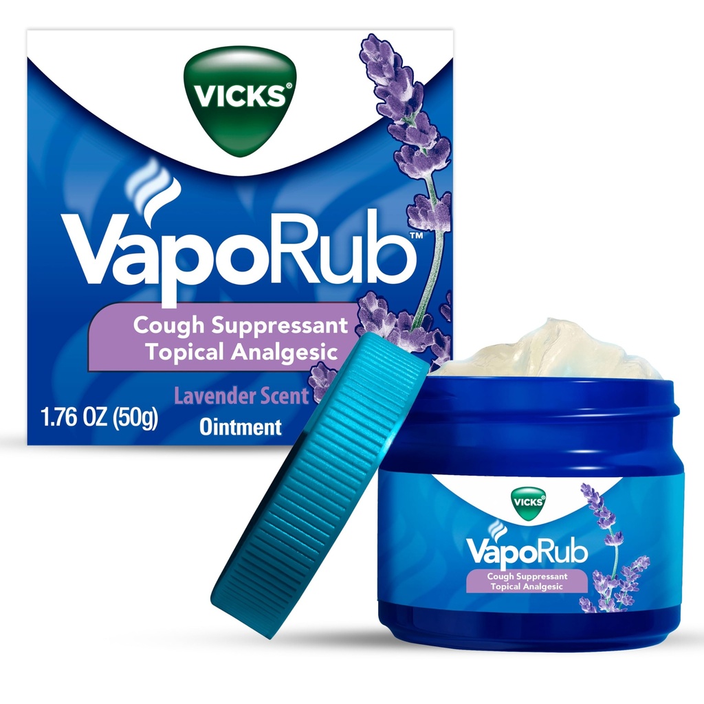 Vicks VapoRub, Lavender Scent, Cough Suppressant, Topical Chest Rub & Analgesic Ointment, Medicated Vicks Vapors, Aches & Pains, 1.76oz