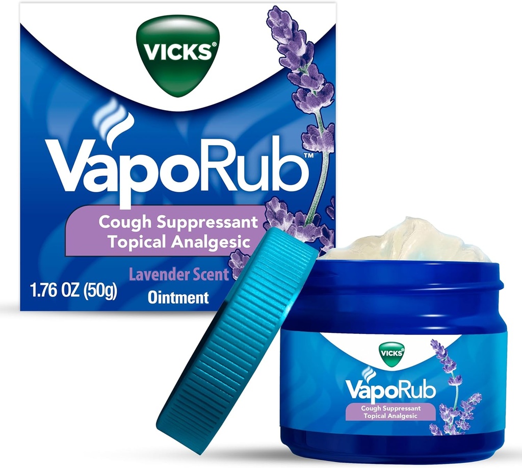 Vicks VapoRub, Lavender Scent, Cough Suppressant, Topical Chest Rub & Analgesic Ointment, Medicated Vicks Vapors, Aches & Pains, 1.76oz