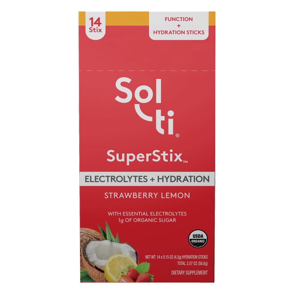 Organik Electrolytes + Hydration Drink Mix, Superfood Hydration Sticks, SuperStix by Sol-ti, Non-GMO, Vegan, Strawberry Lemon, 14 Single-Serving Sticks