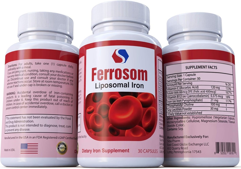 Liposomal Iron Supplements by Siba Pharm | Ferrosom Diyetry Demir Vitaminleri Tamam | C, B12, Folic Acid| Non GMO, Vegan, Premium Quality| Helps New Blood Cell Production | 30 Capsules