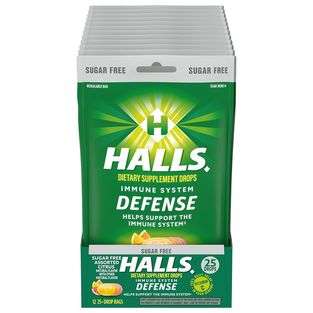 HALLS Savunma Citrus Sugar Free Vitamin C Drops, Dietary Supplement Drops, 12 Drops (300 Total Drops)
