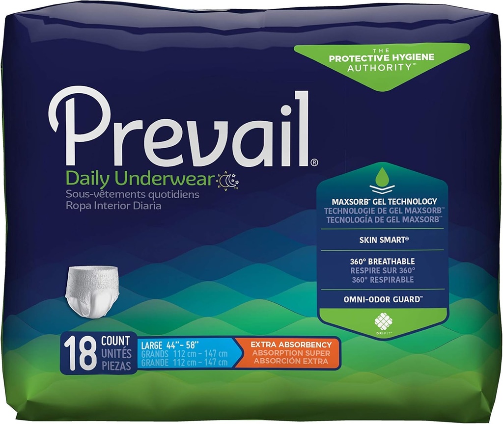 Prevail Daily Protective Underwear - Unisex Adult Incontinence Underwear - Disposable Adult Diaper for Men & Women - Maximum Absorbency - Large - 18 Count (Pack of 4)