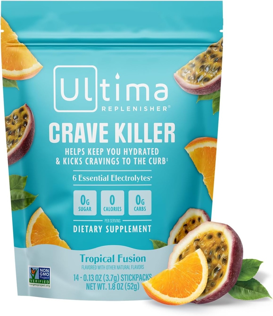 Ultima Replenisher Crave Killer Supplement and Electrolytes Powder – Tropical Fusion, 14 Stickpacks – Hydration Packets That Kick Cravings to The Curb
