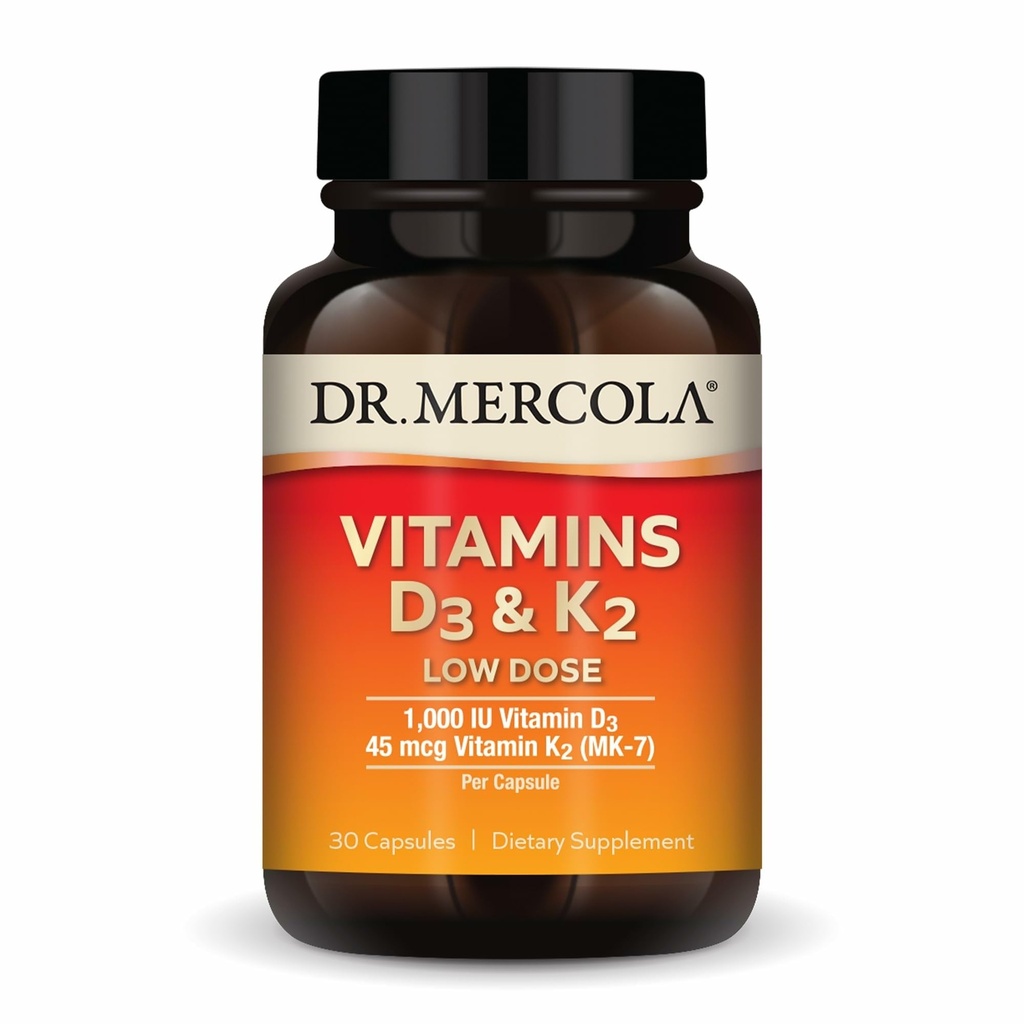 Dr. Mercola Vitamins D3 & K2 Low Dose - Maintain Vitamin D Levels - Supports Immune & Bone Health - MenaQ7 Chickpea-Sourced K2 - Non-GMO, Gluten-Free & Soy-Free - 30 Capsules (30 Servings)