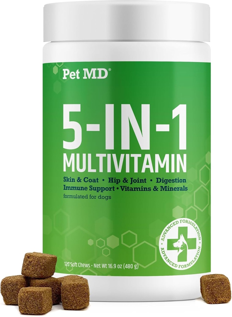 Pet MD 5in1 Dog Multivitamin - 30 Temel Vitaminler, Skin & Coat, Hip & Ortak, Digestion, Senior Dog & Puppy Vitamins - Glucosamine, Omega 3 6 9, & Probiyotikler - 60.