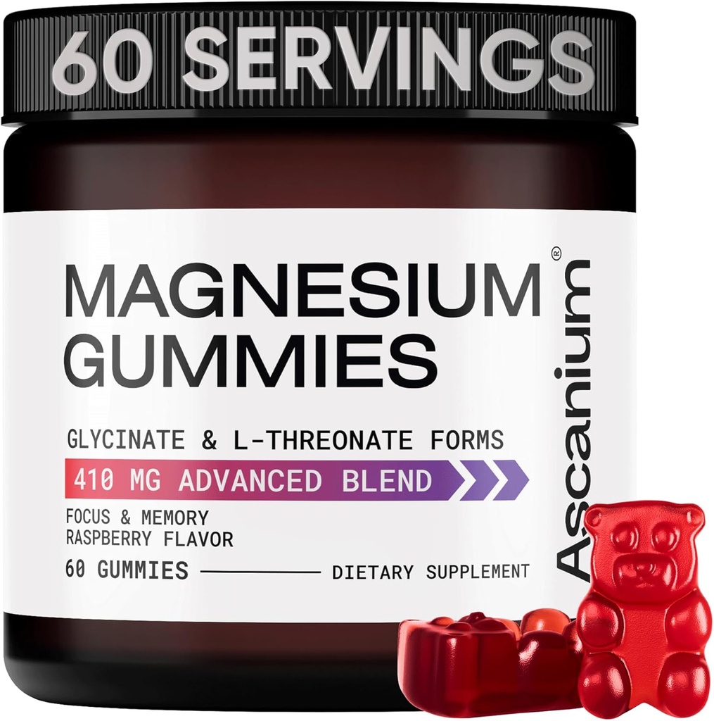 Magnezyum Gummies - Elemental Glycinate & L-Threonate Supplement Kompleksi - Vegan Magnezyum Glycinate Gummies for Calm Mood, Muscle & Heart Support - Chewable Magnezyum Gummy 60