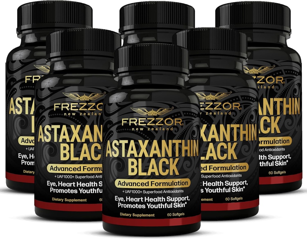 FREZZOR Astaxanthin Black, UAF1000+ Super Antioksi, Supports Heart, Eye & Brain Health, Anti-Aging Skincare & Cellular Protection, 12 mg Astaxanthin per Serve, 360 Softgels, 6 Ay Supply