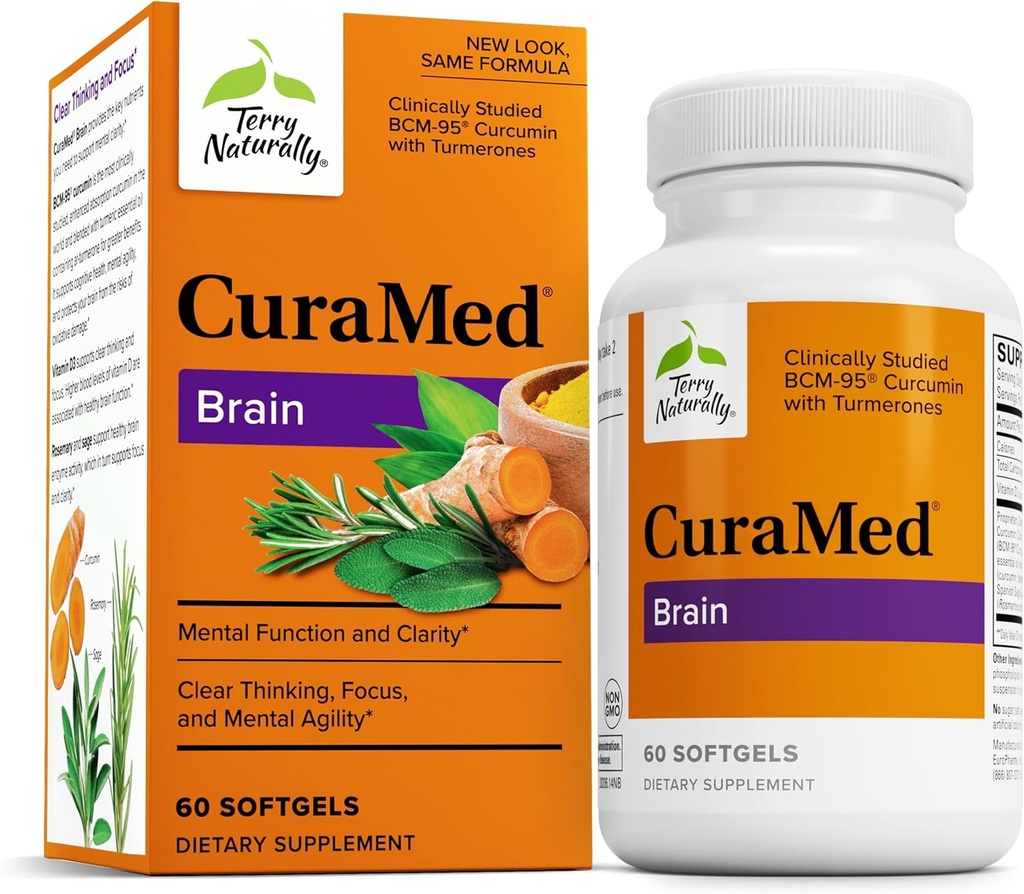Terry Natural CuraMed Brain - Diyetsel Supplement to Support Clarity & Focus - Curcumin & Turmeric Essential Oil to Aid Concentration - 60 Softgels