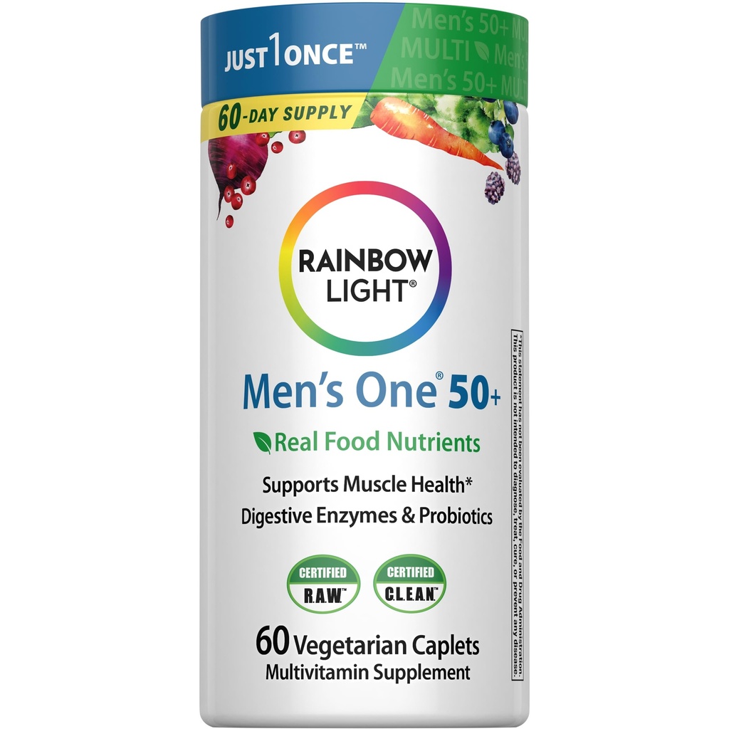 Rainbow Light Multivitamin for Men 50+, Vitamin C, D & çinko, Probiyotiks, Men's One 50+ Multivitamin Yüksek Potency Immune Support, Non-GMO, Vegetarian, 60 Tabletler