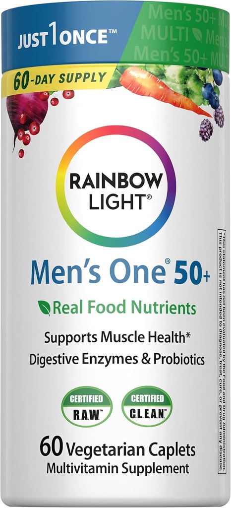 Rainbow Light Multivitamin for Men 50+, Vitamin C, D & çinko, Probiyotiks, Men's One 50+ Multivitamin Yüksek Potency Immune Support, Non-GMO, Vegetarian, 60 Tabletler