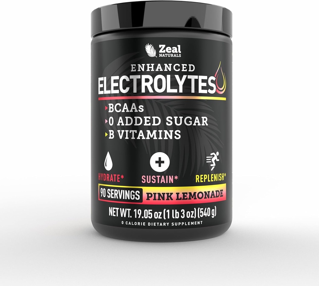Zeal Naturals Electrolyte Powder Recovery Drink (90 Servings | Pink Lemonade) w 0 Sugar +BCAAs +B-Vitamins Electrolyte Supplement w Potassium Zinc & Magnesium for Hydration - Keto Electrolytes