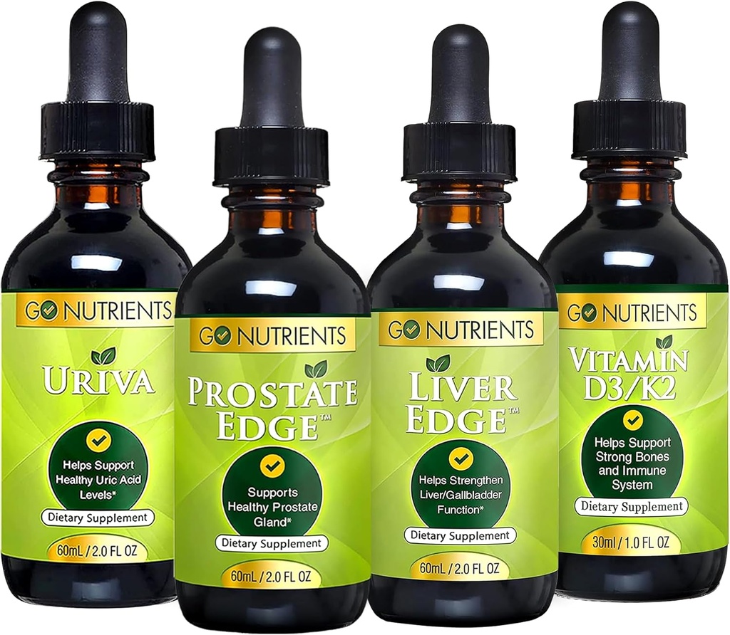 Go Nutrients Men's Health Bundle - Βιταμίνη D3/K2, Liver Edge, Prostate Edge, Uriva – Πλήρης υποστήριξη για τα οστά, συκώτι, προστάτης, και Uric Acid Health – Ενισχύει την ενέργεια, τη ζωτικότητα και την άμυνα του σώματος