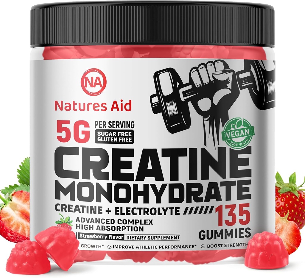 Natures Aid Kretine Monohidrat Gummies (5g) – Erkekler ve Kadınlar için Pre-Workout Enerji ve Kas Büyüme Desteği | Strawberry Electrolyte Gummies (135 Count)