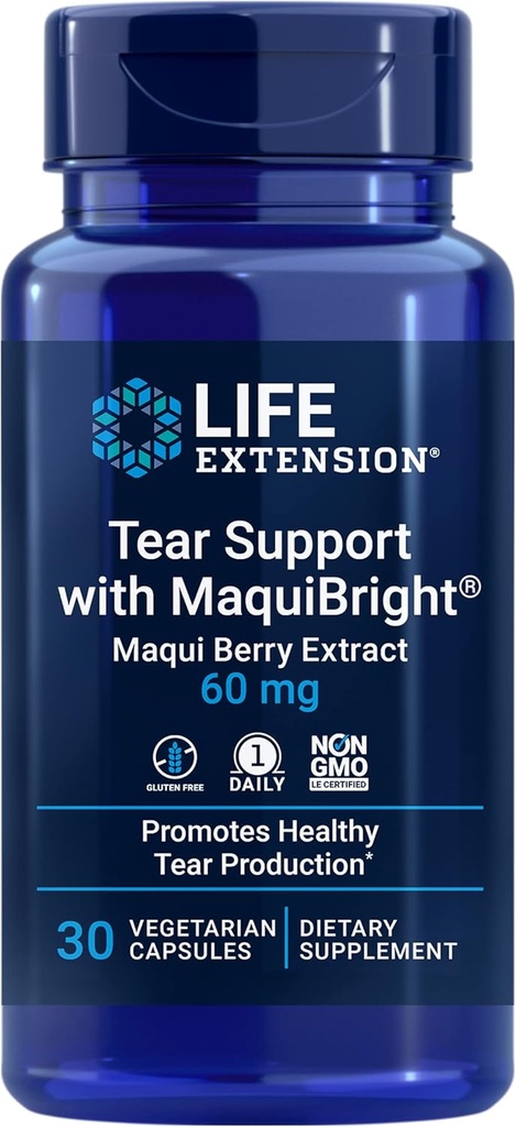 Life Extension Tear Support with MaquiBright®, 60 mg, Maqui Berry Extract for Kuru Eyes, Supports Eye Health, Encourages Tear Production, Gluten-Free, Non-GMO, 1 Daily, Vegetarian, 30 Capsules