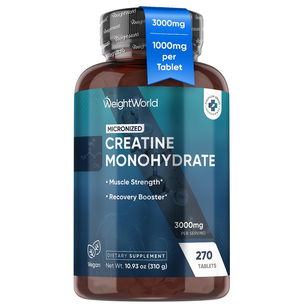 WeightWorld Micronized Creatine Monohydrate Tablets 3000mg - 3 Μήνες Προσφορά, Κετο- Φιλική Vegan Creatine για γυναίκες και άνδρες για μυϊκή δύναμη - Τρίτο- Μέρος Εργαστήριο Δοκιμασμένο - Δεν Δημιουργικές κάψουλες