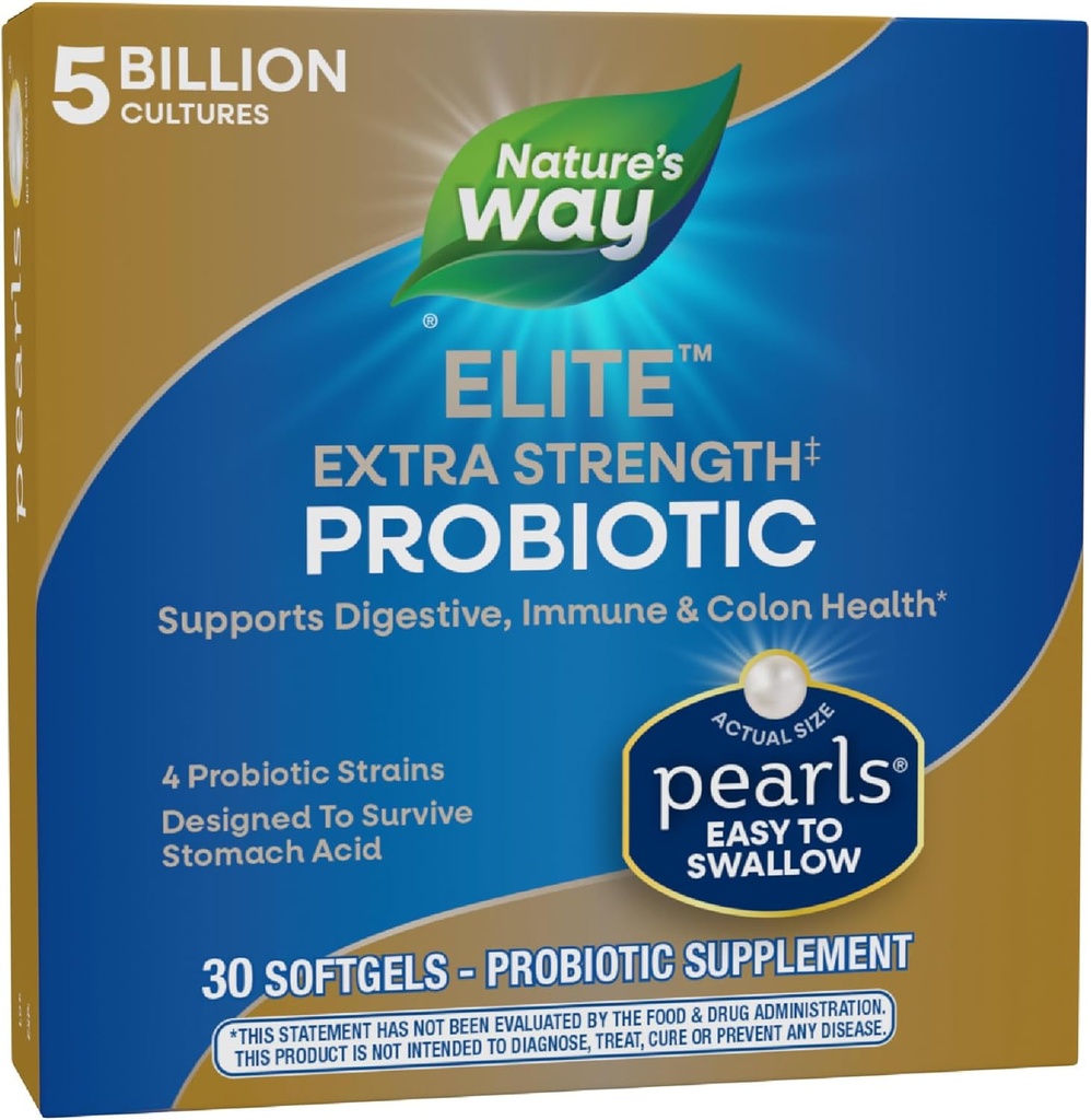 Nature's Way Elite Ekstra Strength Probiyotik Pearls for Men and Women, Supports Digestive, Immune, Colon Health*, 5 Milyar Canlı Kültür, No Refrigeration Required, 30 Softgels