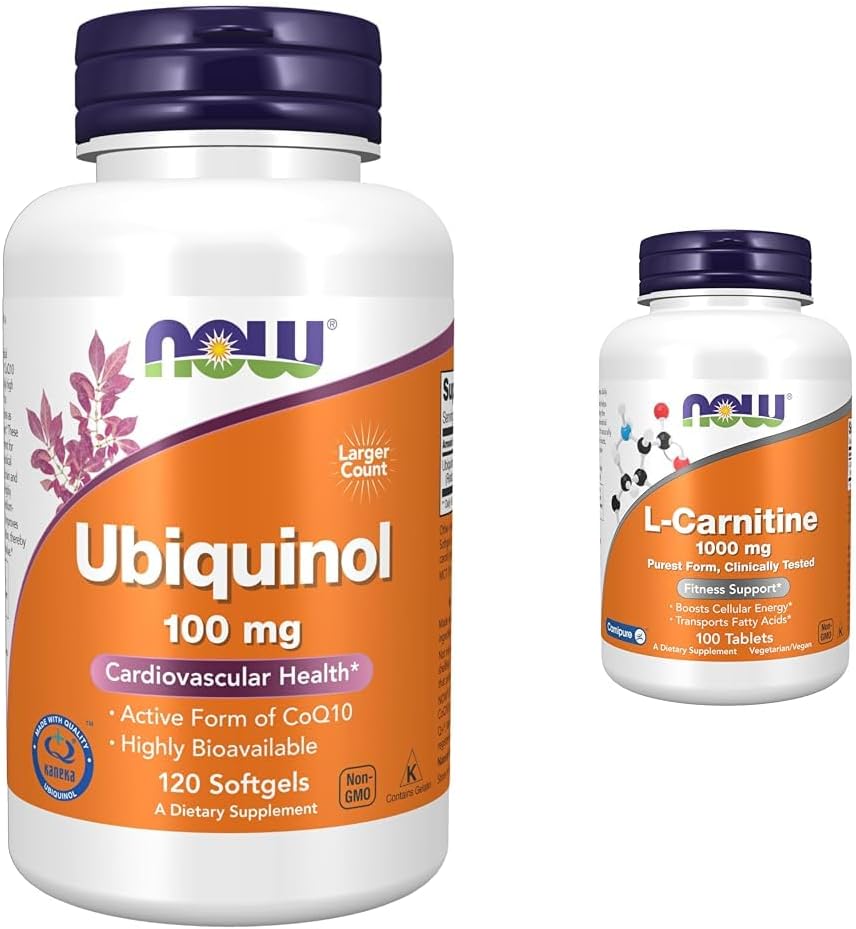 NOW Συμπληρώματα, Ubiquinol 100 mg, Υψηλή βιοδιαθεσιμότητα (The Active Form of CoQ10), 120 Softgels & Συμπληρώματα, L- καρνιτίνη 1.000 mg, Purest Form, Amino Acid, Fitness Support*, 100 δισκία