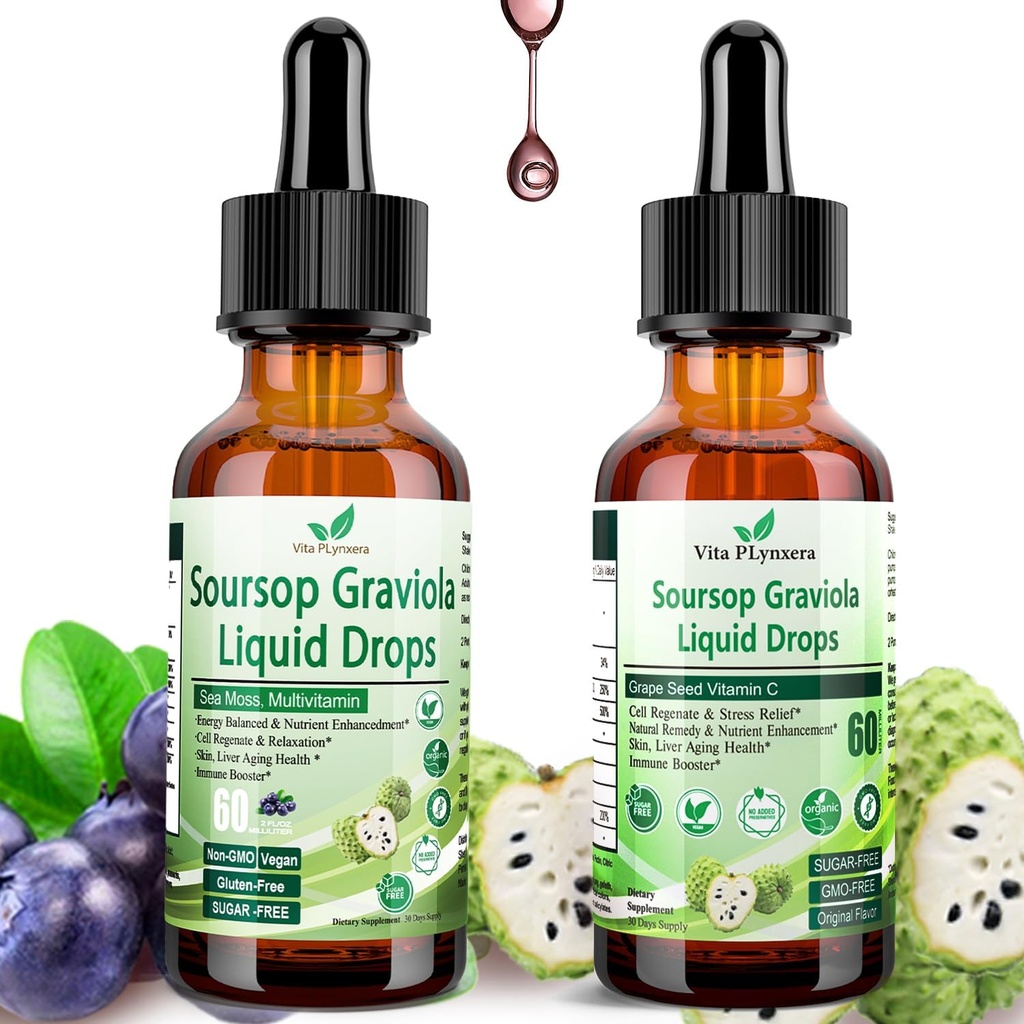 2 Πακέτο Soursop Bitters Υγρό Βιολογικό εκχύλισμα Soursop Multivitamin Drops w. Sea Moss, Grape Seed, Elderberry, Unrefined Soursop Oil for Skin, Immune Boost, Digestion Aid