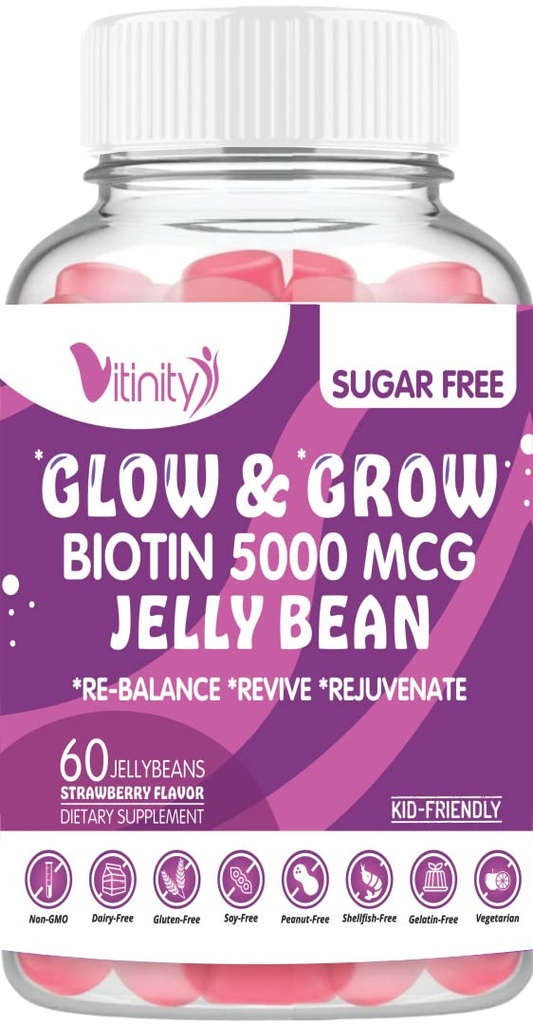 VITINITY Biotin 5000 Mcg Extra Strength Vegetarian (Vitamin B) Sugar-Free Supplement- Supports Healthier Hair & Skin - Women & Men 60 Veggie Sugar-Free Jelly Beans (30 Day Supply)