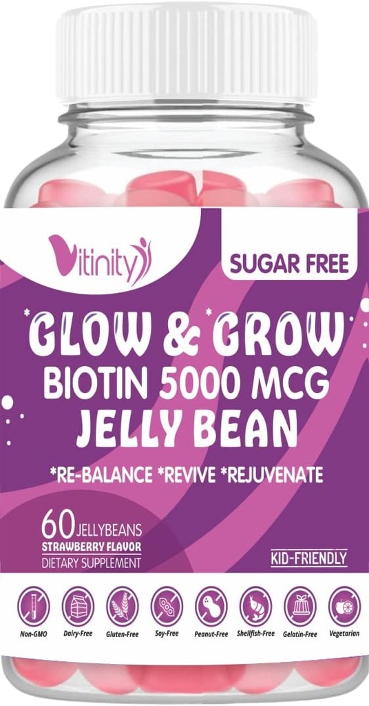 VITINITY Biotin 5000 Mcg Extra Strength Vegetarian (Vitamin B) Sugar-Free Supplement- Supports Healthier Hair & Skin - Women & Men 60 Veggie Sugar-Free Jelly Beans (30 Day Supply)