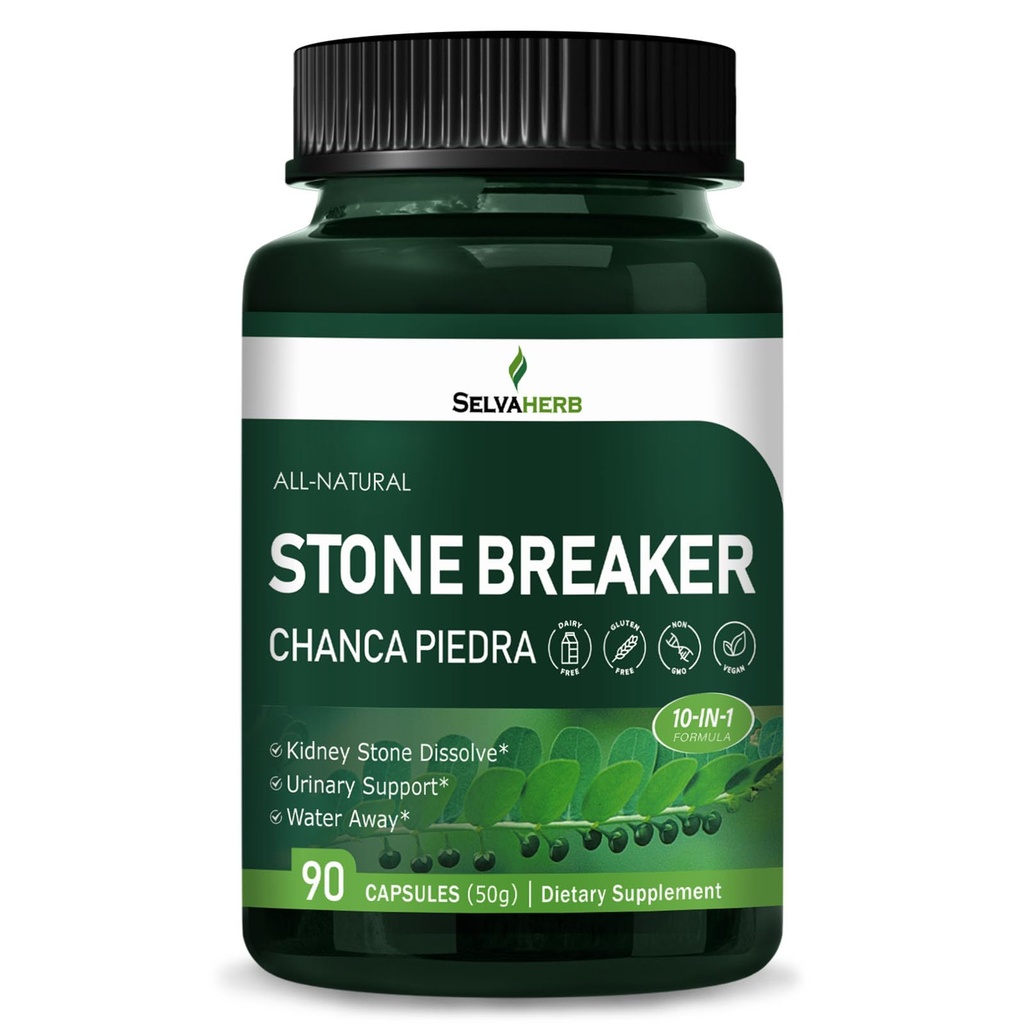 Stone Breaker (Chanca Piedra) Kidney Stone Dissolve, Urinary Support & Water Away Herbal Supplements w/Horsetail Uva Ursi Goldenrod Dandelion Cat's Claw Extract. 90 Count